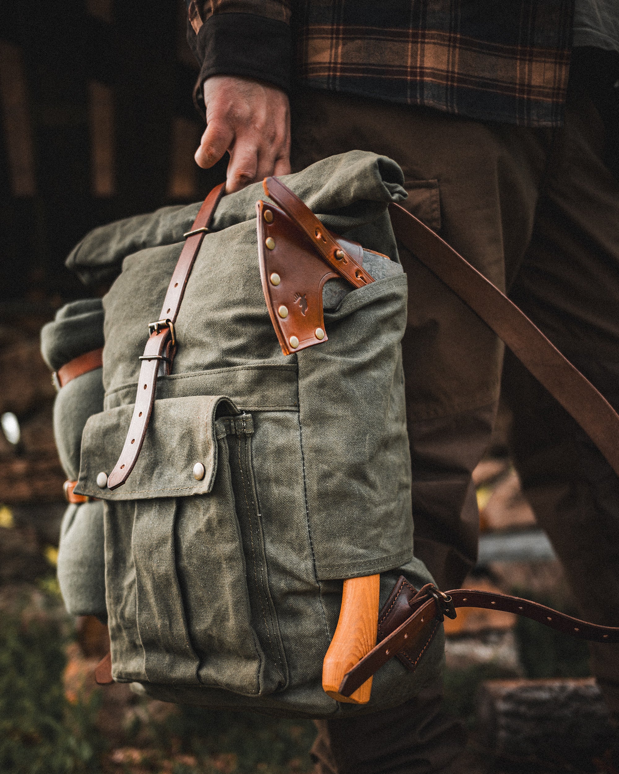 Wilderness Forest Buffalo Plaid and Brown Waxed Canvas Knit Crochet Leather Drawstring outlet Tote Project Flat Bottom Bag