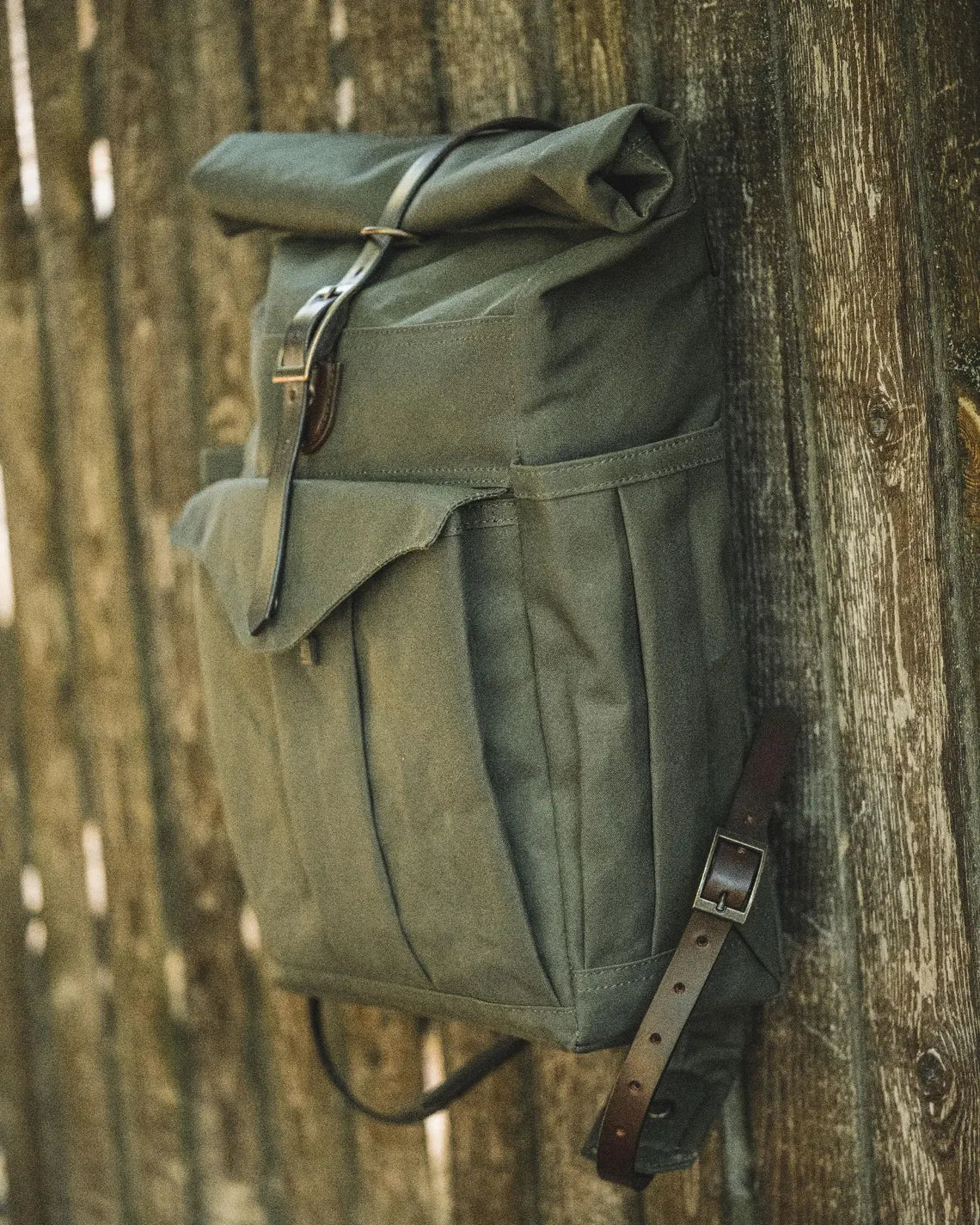 Dry Waxed Canvas Rolltop Backpack in Khaki Green