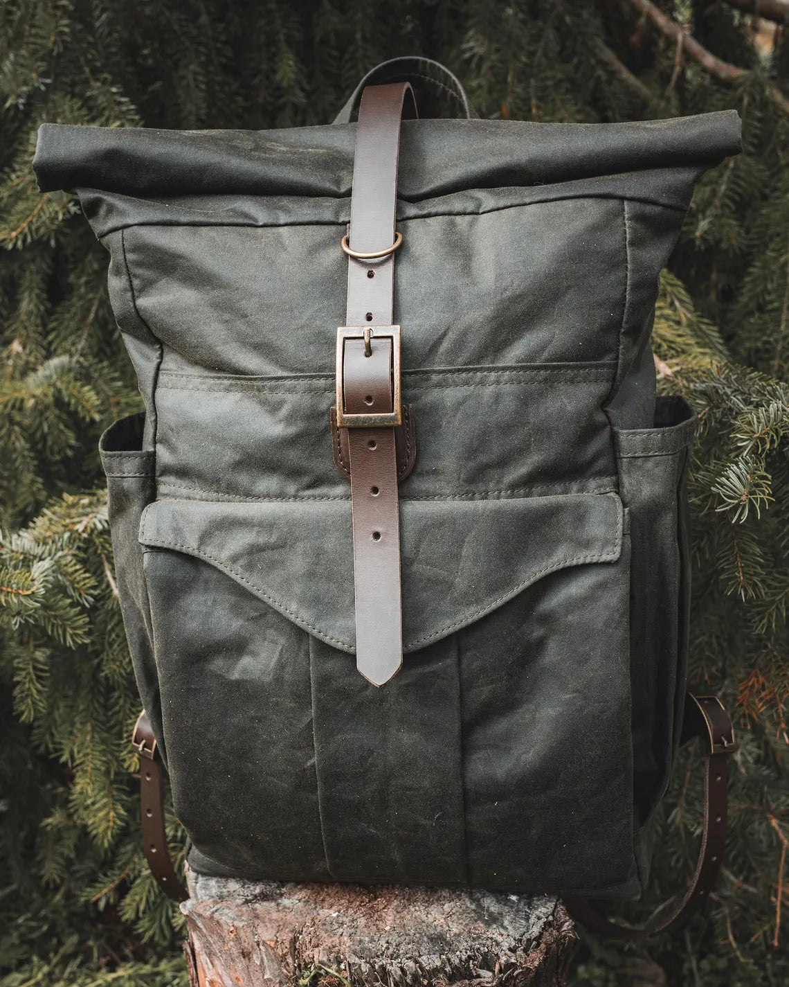 Oilskin Rolltop Backpack in Khaki Green