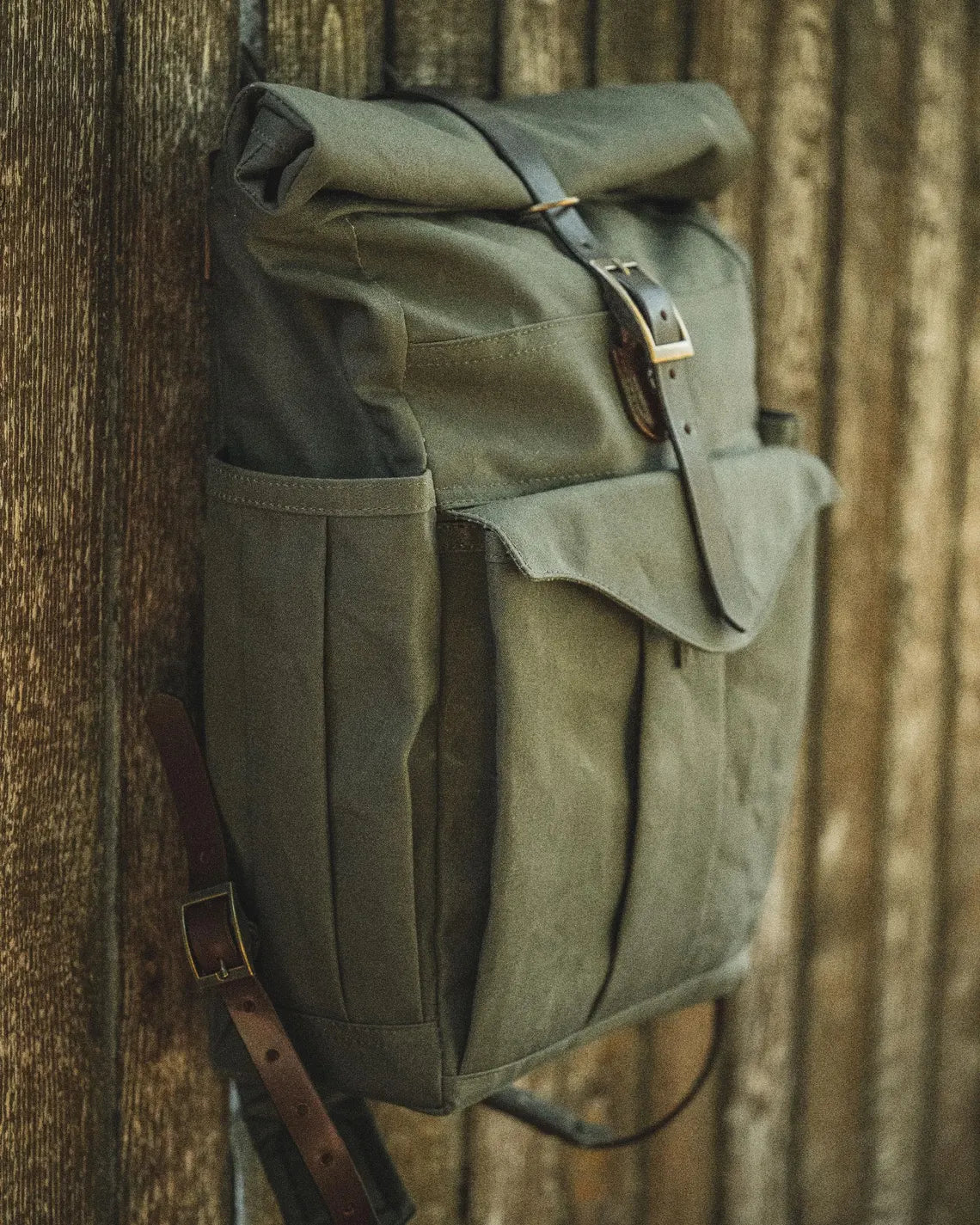 Dry Waxed Canvas Rolltop Backpack in Khaki Green