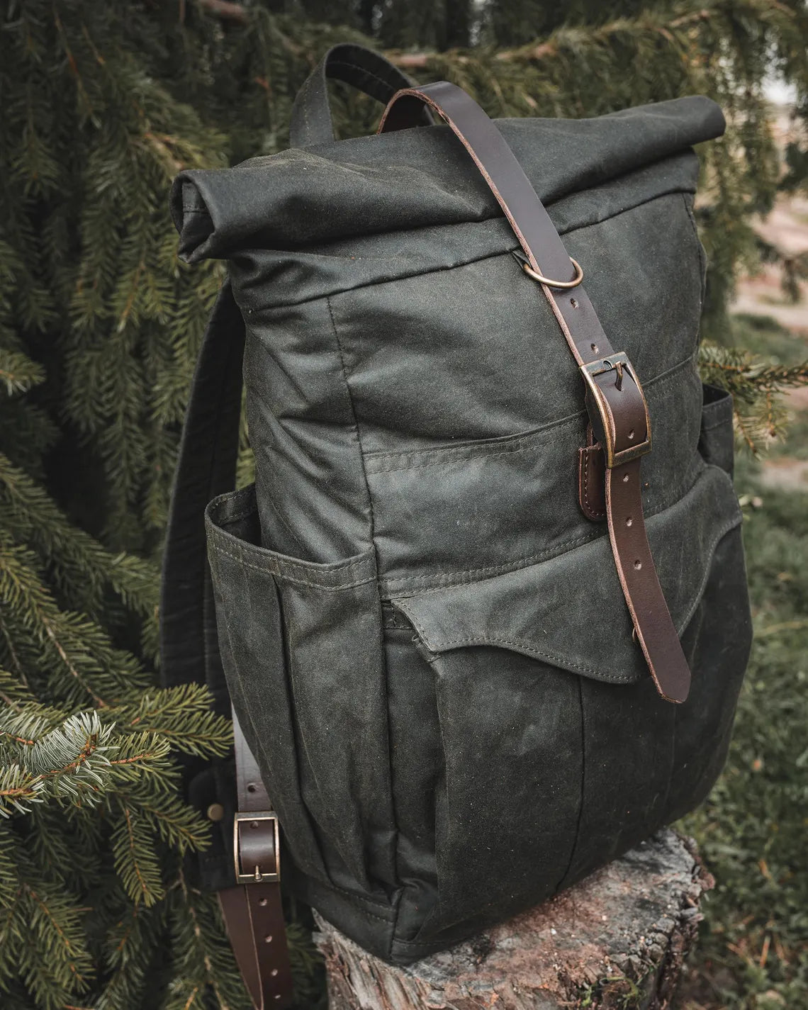 Oilskin Rolltop Backpack in Khaki Green