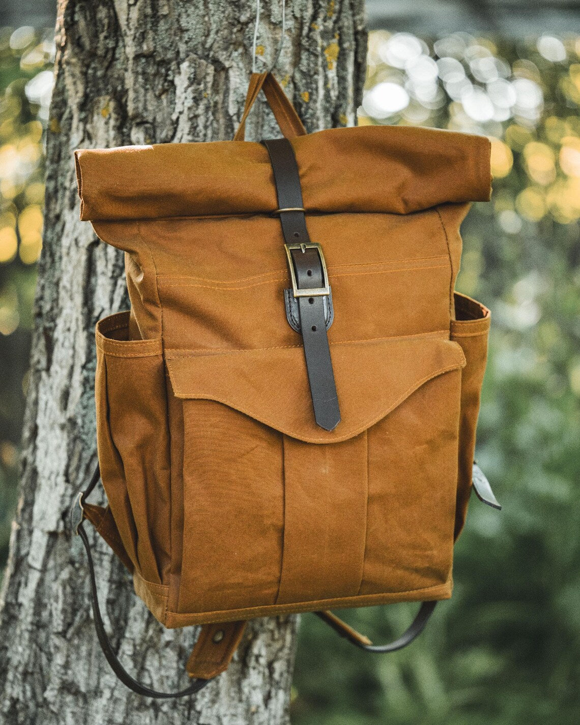 Dry Waxed Canvas Rolltop Backpack in Coyote Desert