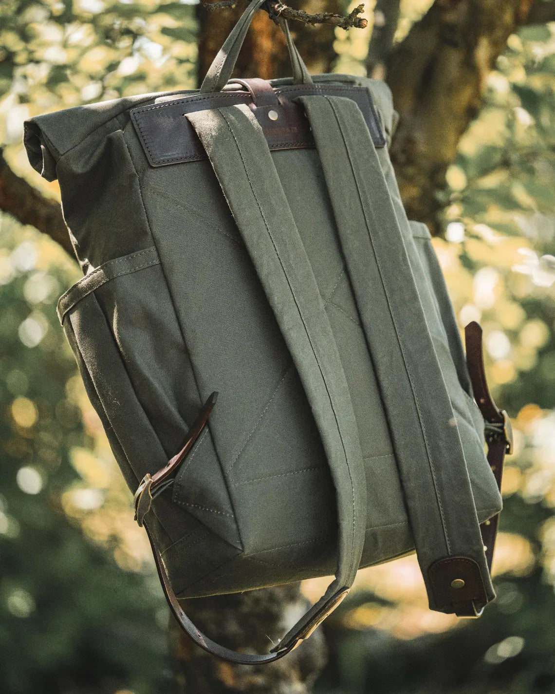 Dry Waxed Canvas Rolltop Backpack in Khaki Green