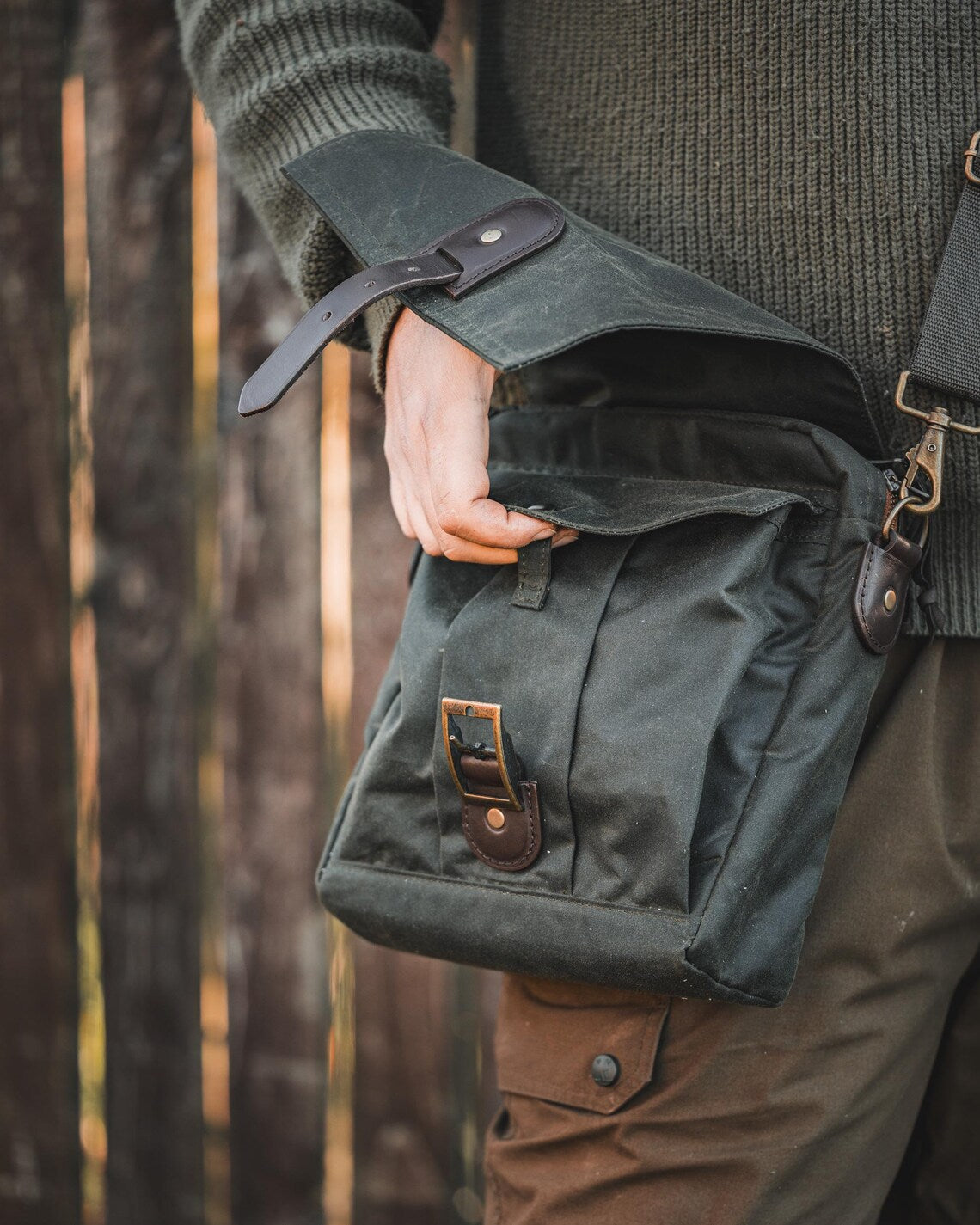Waxed Canvas Oilskin Satchel in Olive Green