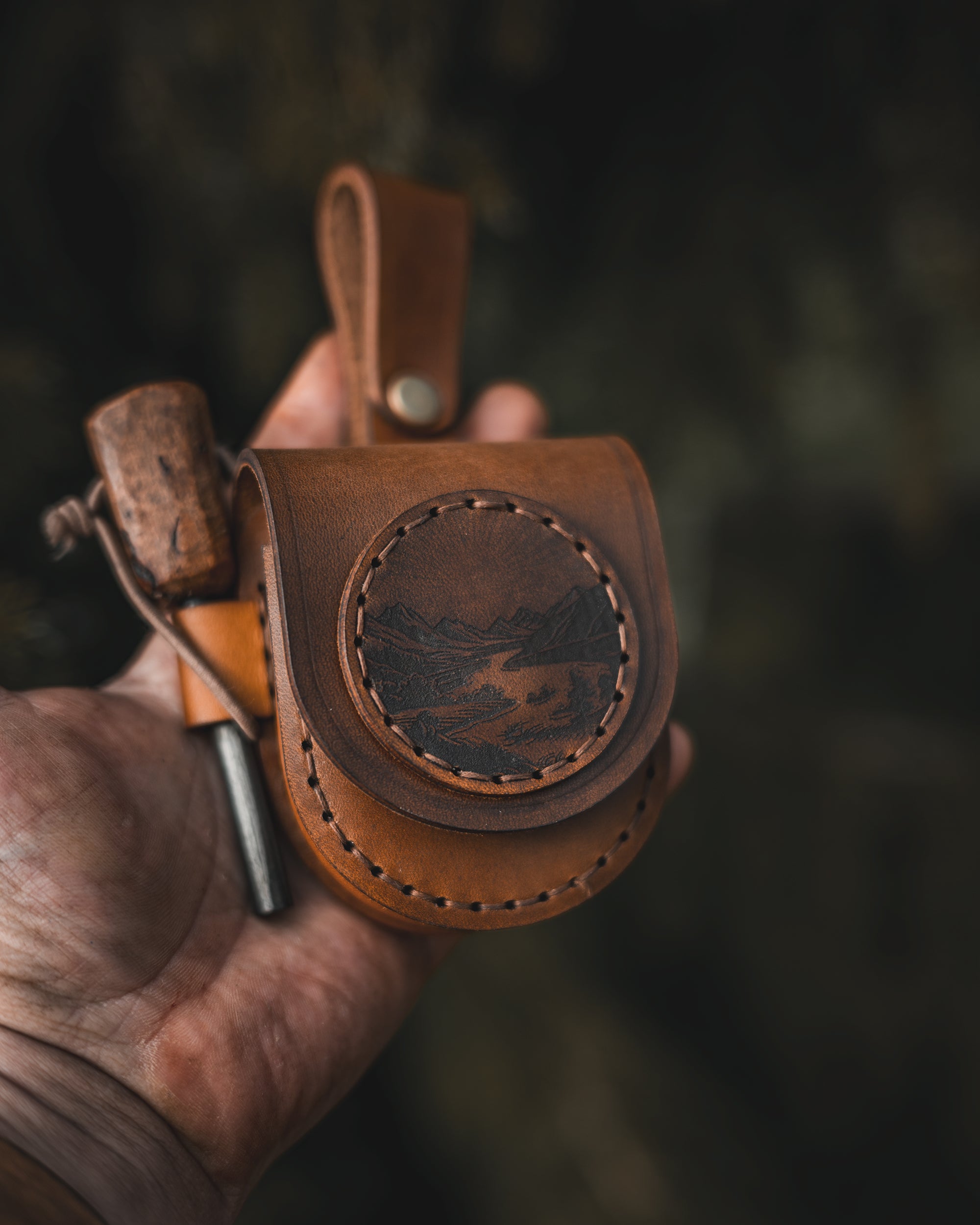 Bushcraft Leather Belt Compass/Tin Bag with Ferro Rod Loop - Tin Included