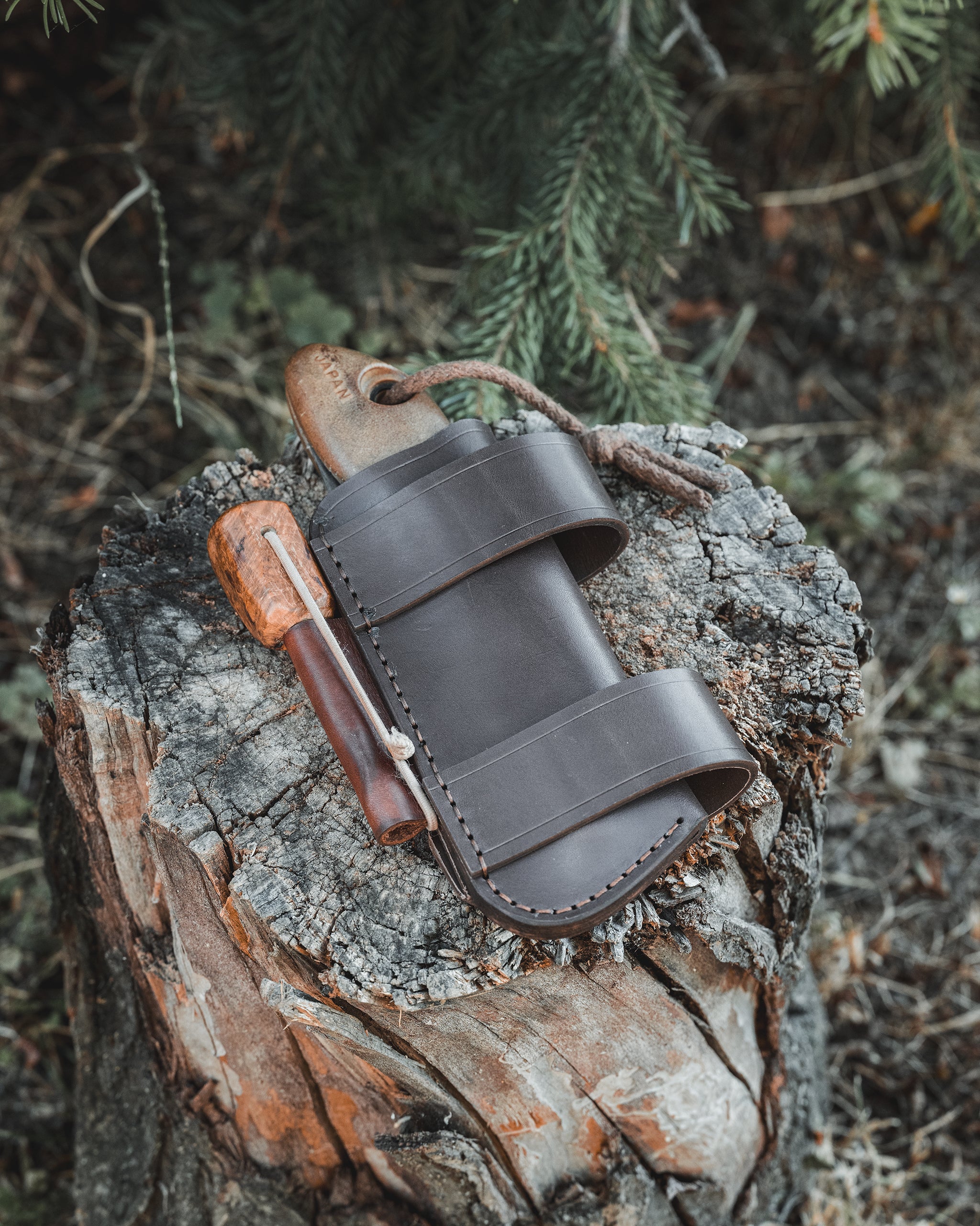 Horizontal Silky PocketBoy 170 Folding Saw Leather Sheath with Ferro Rod Loop - Scout Carry Detachable